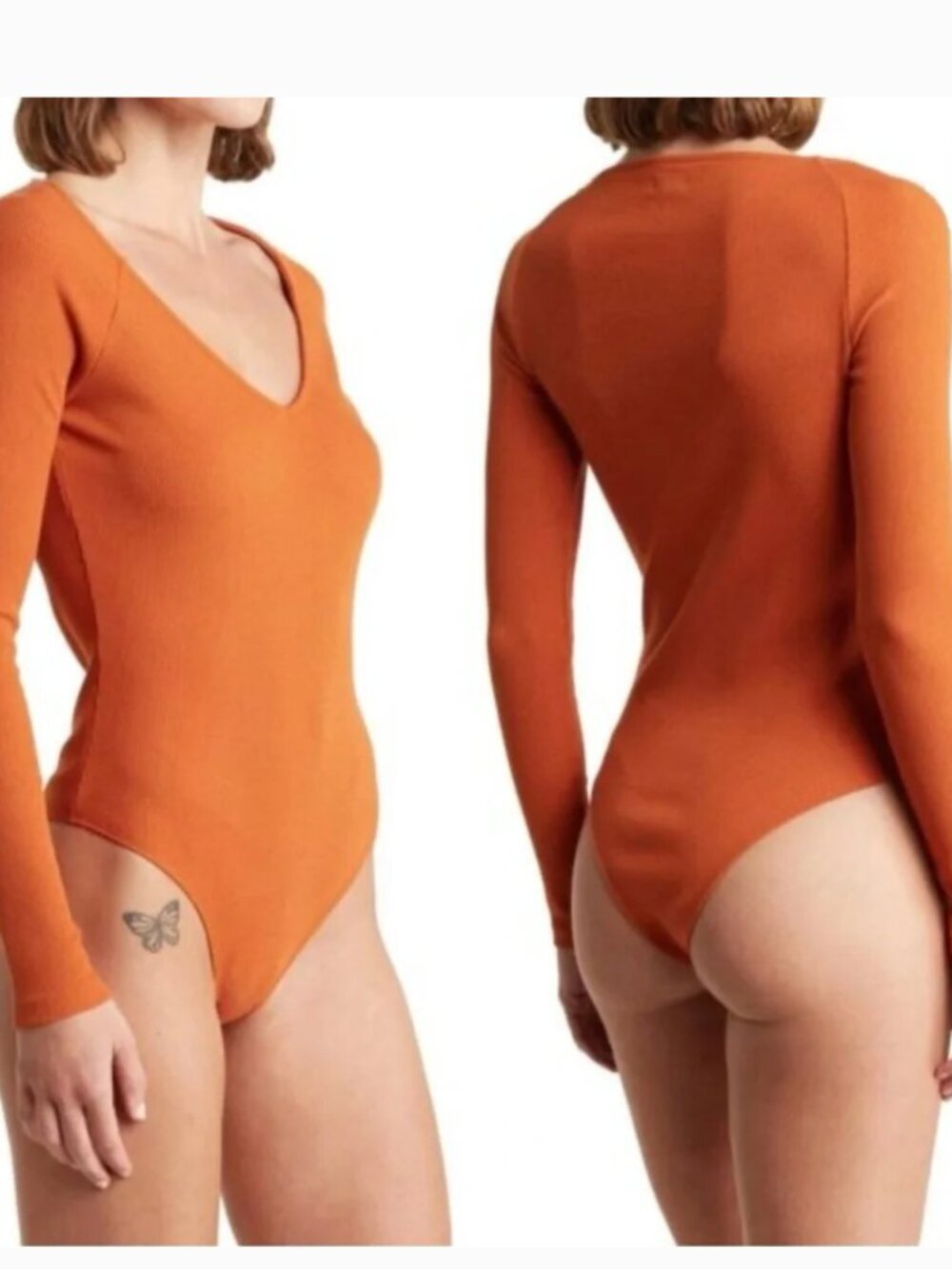 L'Agence Winona Bodysuit Top Cotton Ribbed Knit Long Sleeve V Neck Brown Large